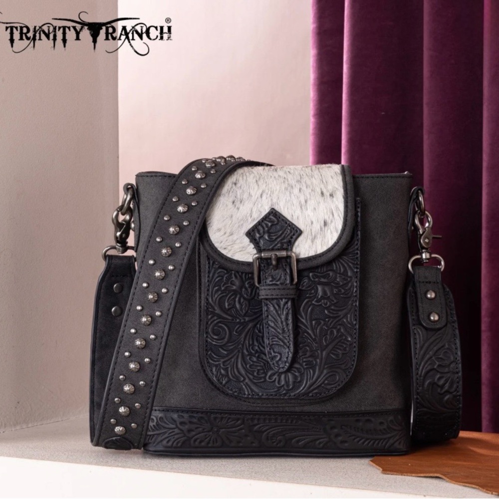 Trinity Ranch genuine hair-on cowhide tooled concealed carry crossbody bag